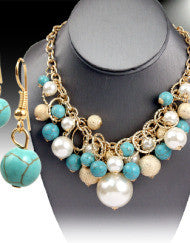 Beautifully Beaded Turquoise & Pearl Necklace Set (Silver & Gold)