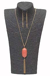 Southern Style Opalic Oval Stone Tassel Drop Necklace Set
